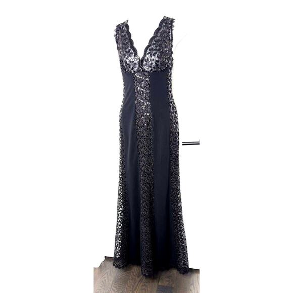 Nicole Bakti Black Gown Maxi Sequined Lace Panels Jersey Wedding Prom MOB S‎ - Picture 1 of 10